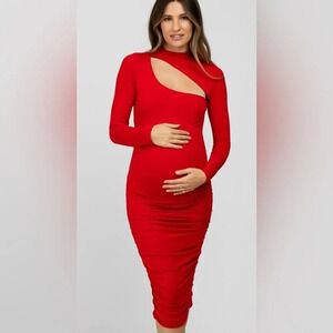 Maternity Red‎ Fitted Ruched Cutout Neclkine